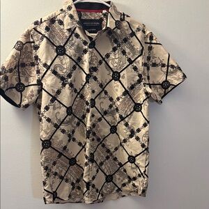 American Eagle Outfitters Men's Patterned Black and Cream Shirt